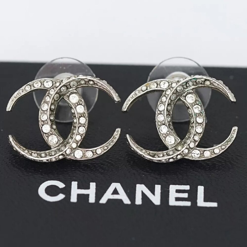 CHANEL CC Logos Rhinestone Stud Earrings Silver Tone B15C Auth w/Box